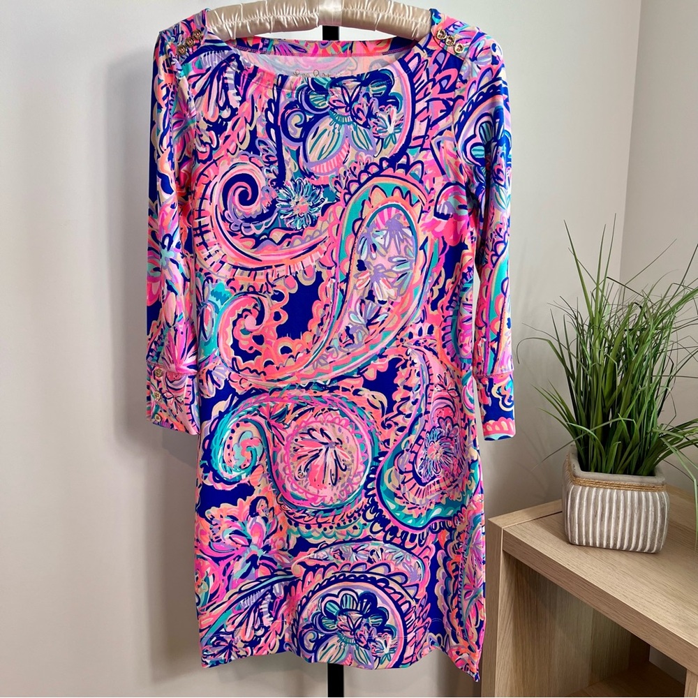 Lily Pulitzer Sophie UPF 50+ Blue Current Drop Me A Lime Jersey Mini Dress XS